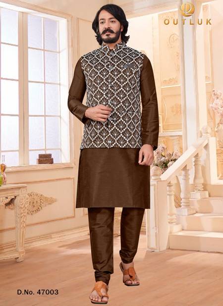 Brown Colour New Exclusive Wear Art Silk Jacquard Print Kurta Pajama With Jacket Mens Collection 47003